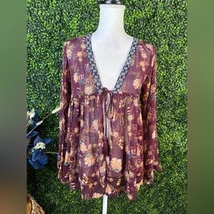 Nwot Floral tassel tie bell sleeve sheer cardigan